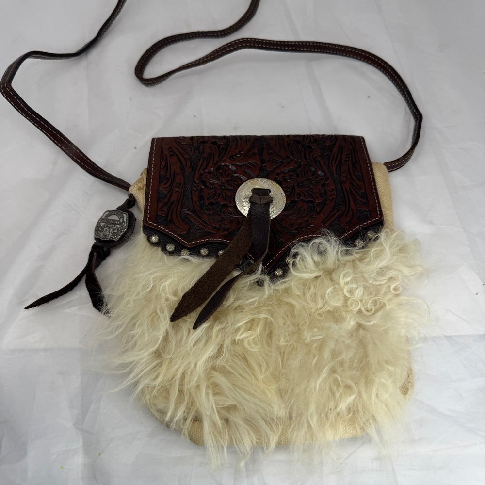 Montana Silversmiths Tooled Leather Fur Crossbody Bag Brown Cream Western